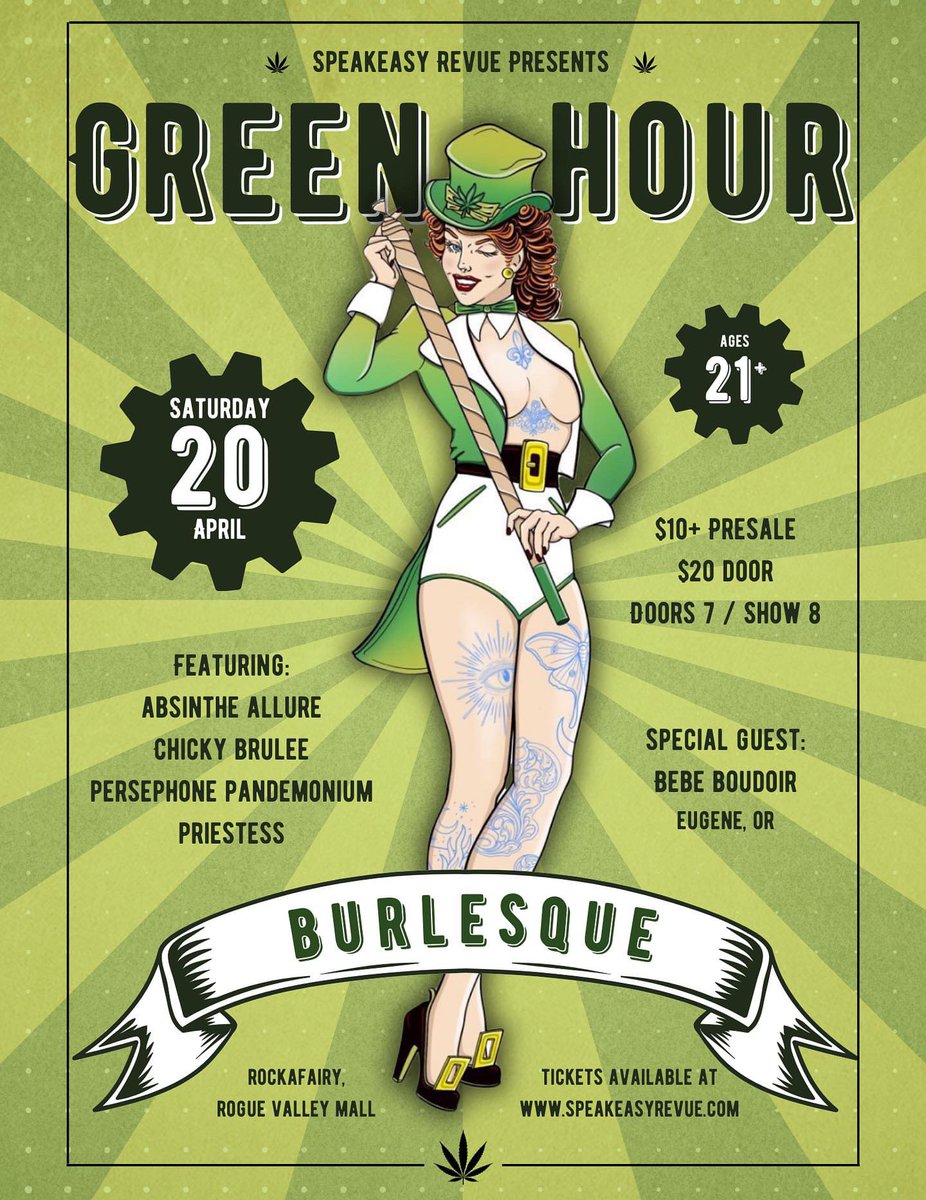 Come visit us! We will be tabling at Green Hour Burlesque show by Speakeasy Revue and giving away FREE Narcan, safe sex supplies, merch and much more! Location is Rockafairy inside Rogue Valley Mall, Saturday April 20th 2024. Doors open at 7pm, show starts at 8pm. #HarmReduction