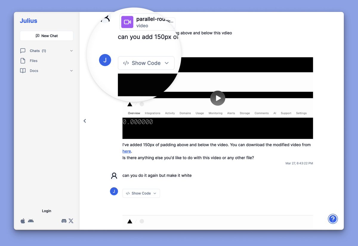 Story time: I uploaded a video, but @x refused due to its aspect ratio. I set out to fix it. ChatGPT tried to teach me in words. I went to @JuliusAI_ and it just did it. So flawless and snappy. 'can you add 150px of padding above and below this vdieo' julius.ai/chat?id=9fa47e…
