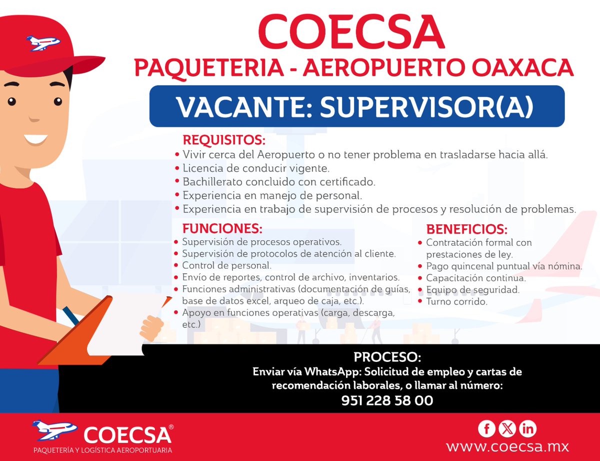 COECSAmx's tweet photo. ¿Buscas #empleo #trabajo? Revisa nuestra página de #vacantes o manda WhatsApp📲 al 9512285800
#Oaxaca #Aeropuerto #OfertaLaboral  https://t.co/rnI96SsGOX https://t.co/53h08Y2TH8