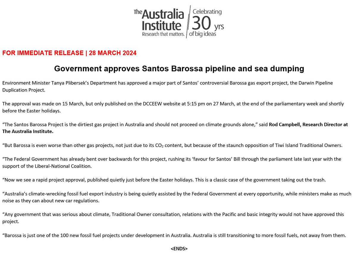 FOR IMMEDIATE RELEASE

Statement on the government's approval of the Santos Barossa pipeline and sea dumping.

Lines attributable to Rod Campbell, Research Director at the Australia Institute. 

#auspol #climatecrisis #fossilfuel 

Read More: australiainstitute.org.au/post/statement…