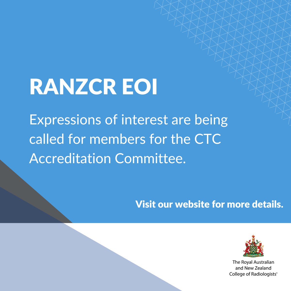 Expressions of interest are being called for clinical radiologists who have current accreditation as a CT Colonography Specialist to join the CTC Accreditation Committee. Learn more: ow.ly/k9BO50R2PPl #RANZCR #Radiology