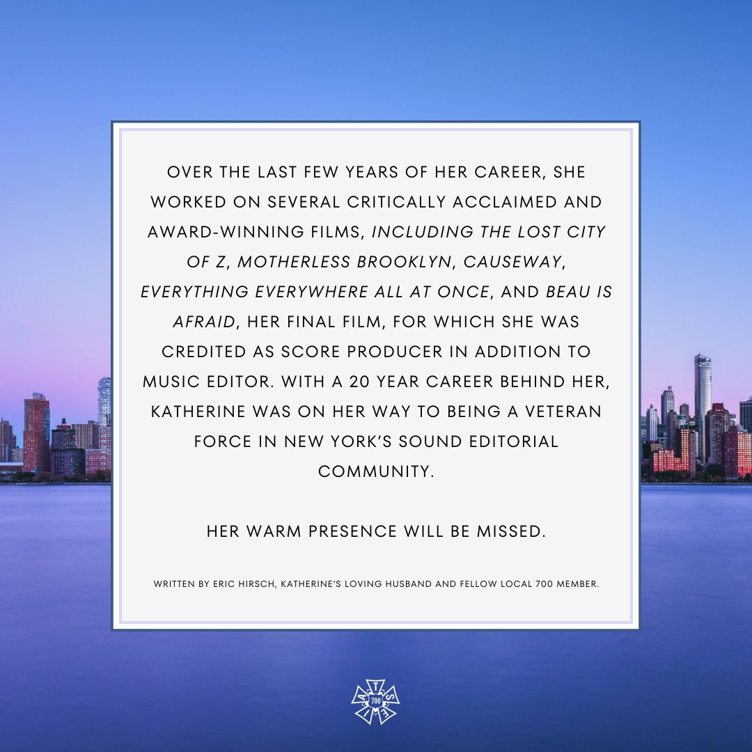 We mourn the loss of Katherine Gordon Miller, who battled metastatic breast cancer bravely until February 2, 2024. From apprentice to accomplished music editor, her talent shone through on acclaimed films. Her legacy lives on in the hearts of those she has inspired.