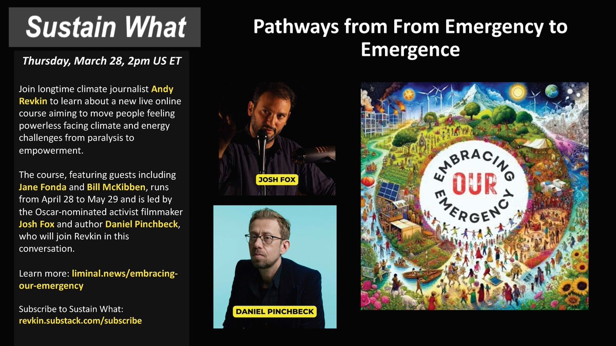 Doing a pop-up #sustainwhat chat Thursday 2pm ET to find out more about the live online course (4/28-5/29) led by @joshfoxfilm & @DanielPinchbeck aiming to move anyone in #climateemergency paralysis mode to efficacy. Paste in your calendar for time/day: 

Facebook…