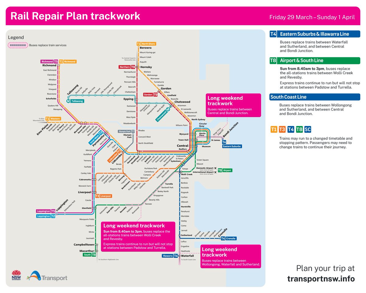 🚧 Plan ahead this weekend as Rail Repair Plan trackwork means buses replaced trains on parts of T4, T8 and South Coast Lines, with limited stop express trains running on the T8. 📲 Plan ahead with the Opal App or head to transportnsw.info More: transportnsw.info/getting-sydney…