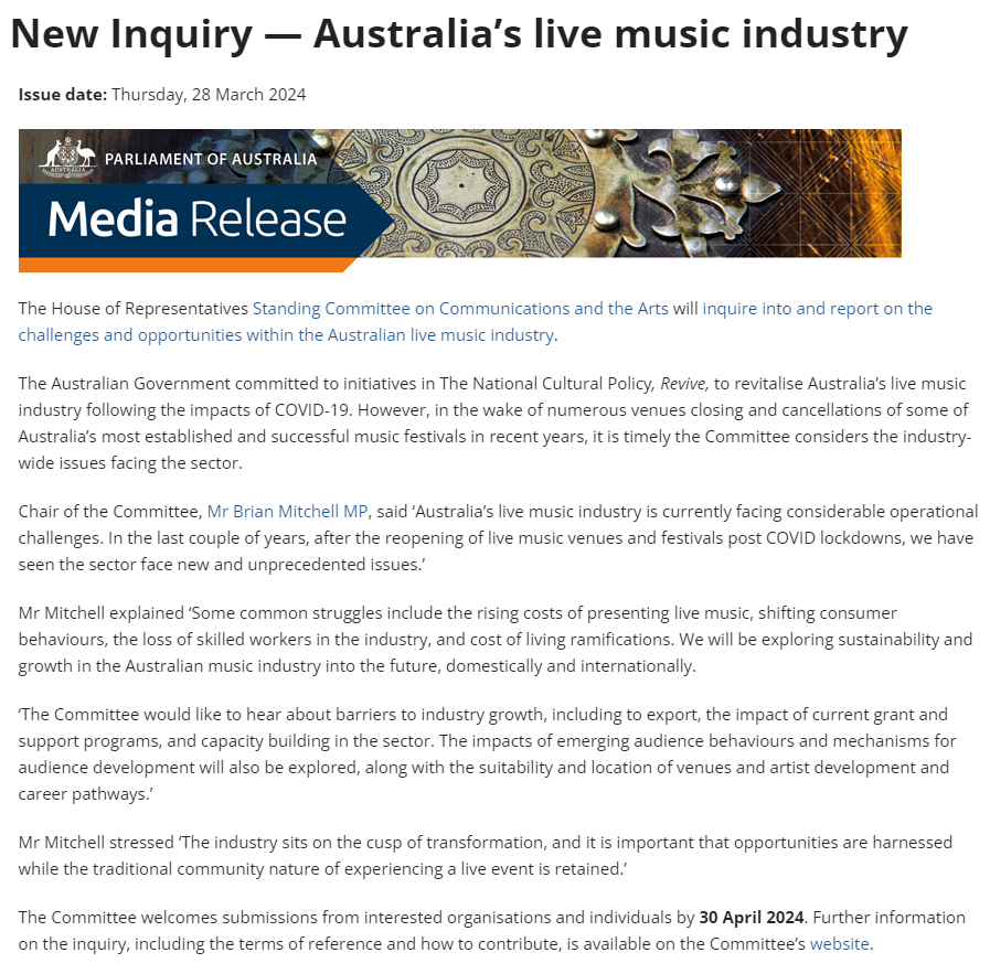 In the wake of venue closures and festival cancellations, the Communications and Arts Committee has announced an inquiry into the challenges and opportunities within the Australian live music industry. Submissions are welcome by 30 April 2024. More: aph.gov.au/LiveMusicIndus…