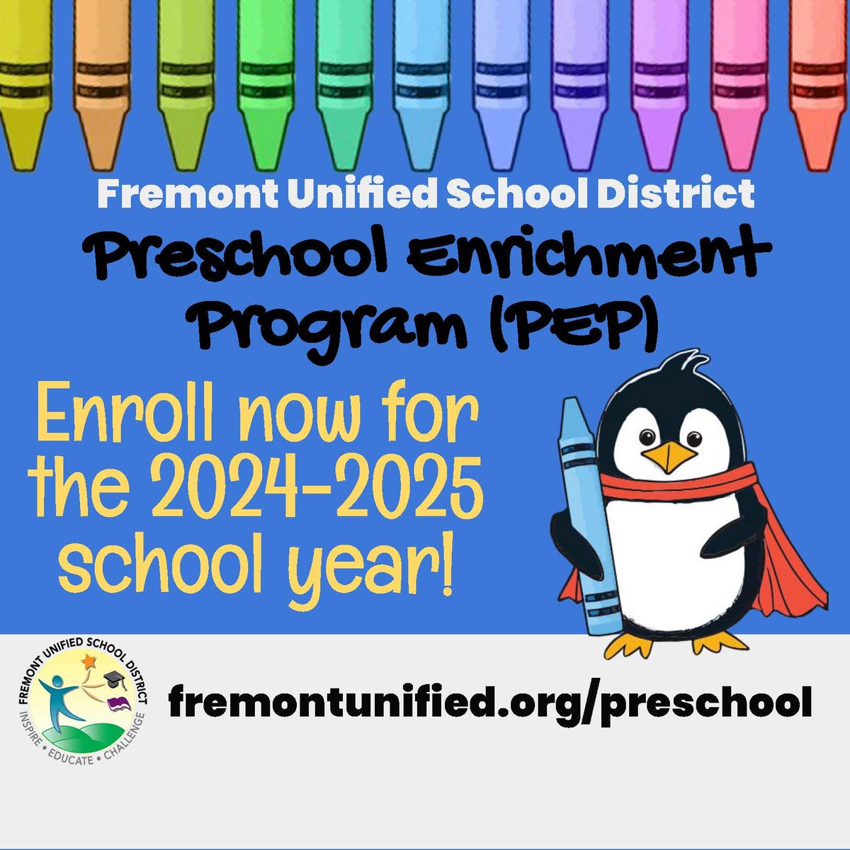 Enroll in the #FremontUnified Preschool Enrichment Program now for 2024-25! This tuition-based program has play-based curriculum, and 1:8 staff:student ratios! Choose 2, 3, OR 5 days a week, 8:30-11:50am at the Hyman Learning Center. Info, application: fremontunified.org/preschool