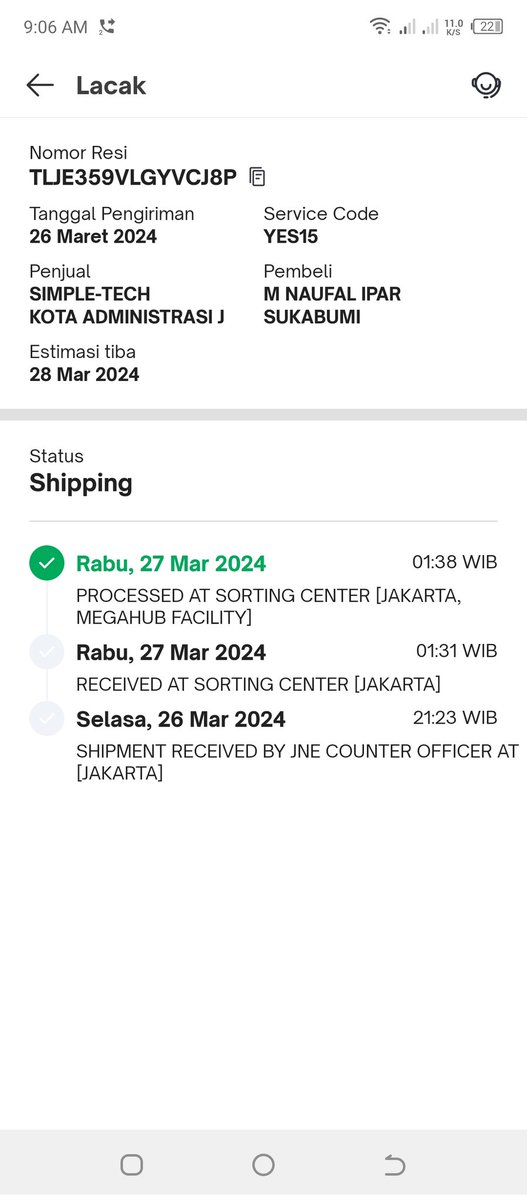 noarin185's tweet photo. @JNECare seperti biasa beli paket pake JNE YES, paket di tempat sortir ngk pernah jalan padahal estimasi waktu https://t.co/MNo0clL0Om
