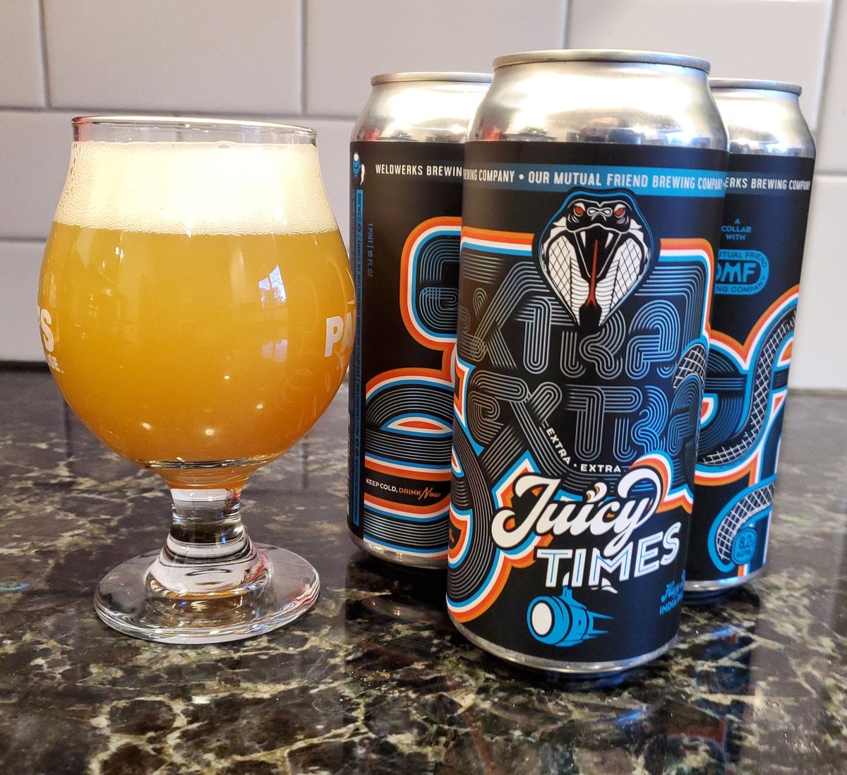 Extra Extra Juicy Times DIPA collab by Weldwerks Brewing and Our Mutual Friend Brewing! Comes in at 8.2% - 🔥! Cheers Peeps 🍻 @ephoustonbill @BPlohocky @RealBMaxwell @Senor_Greezy @D_V_T_ @mikeadam16 @BigChiefSpyBoy #CraftBeer #beer