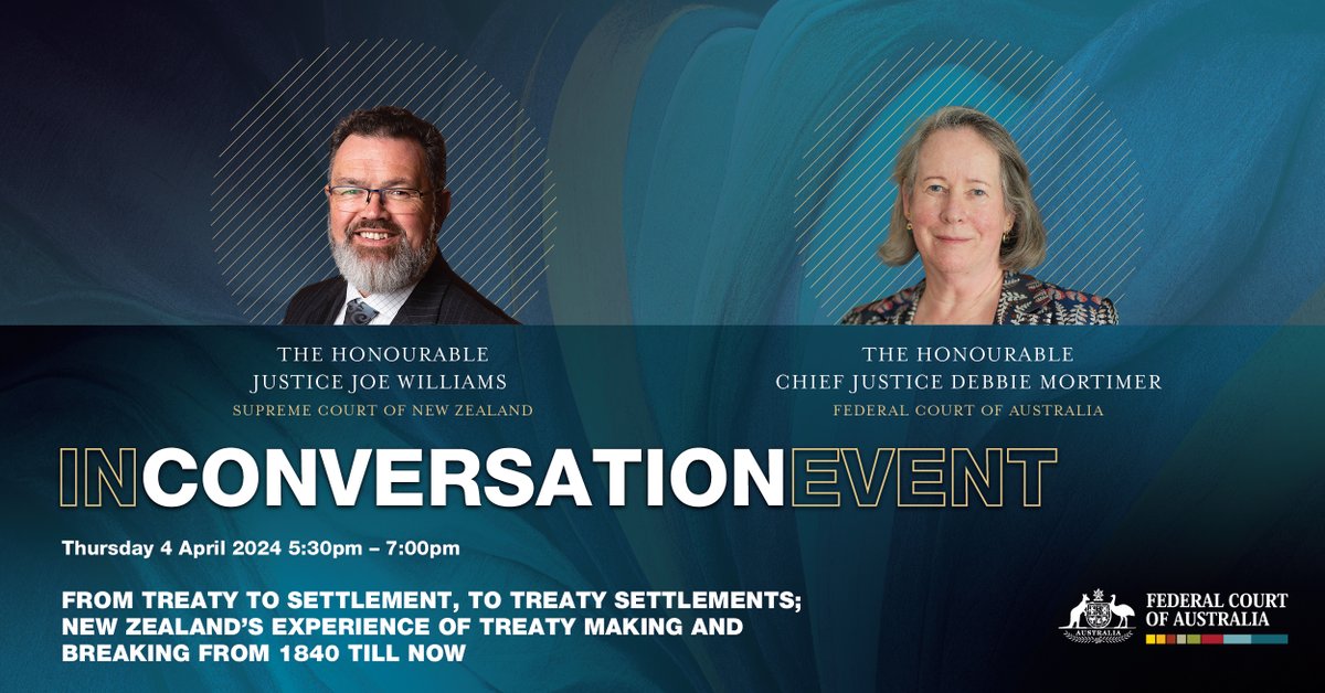 Join Chief Justice Debbie Mortimer, Federal Court of Australia, and Justice Joe Williams, Supreme Court of New Zealand, for an In Conversation event being held at the Melbourne registry on Thursday 4 April 2024. See fedcourt.gov.au/news-and-event… #fca #event #livestream