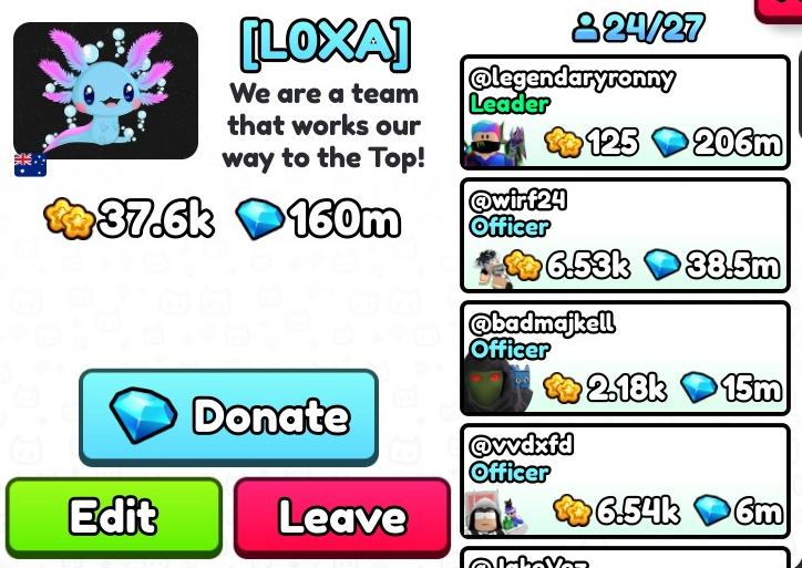 LOXA IS LOOKING FOR NEW MEMBERS 🤩

Rules To Enter ‼️
Be active 😎
Grind events ⚙️
Donate 600k per week 💎

Benefits For Joining 🔥
Access to our clan private server 😳
Exclusive clan giveaways and competitions for you to win HUGE prizes 🎁

DM @KyGamingRB  if u want to JOIN 👍