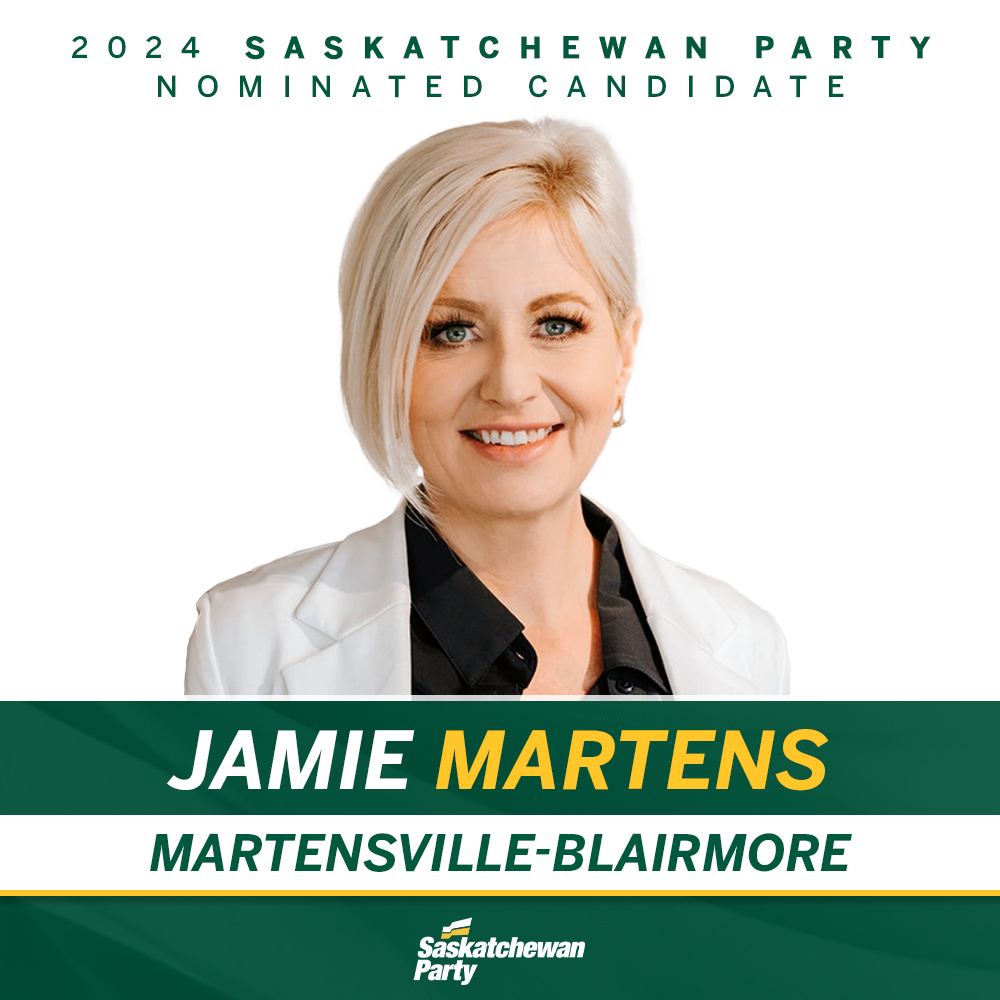 Tonight, Saskatchewan Party members in Martensville-Blairmore nominated Jamie Martens to be their candidate in the 2024 provincial election. Congratulations Jamie! saskparty.com/jamie_martens_…