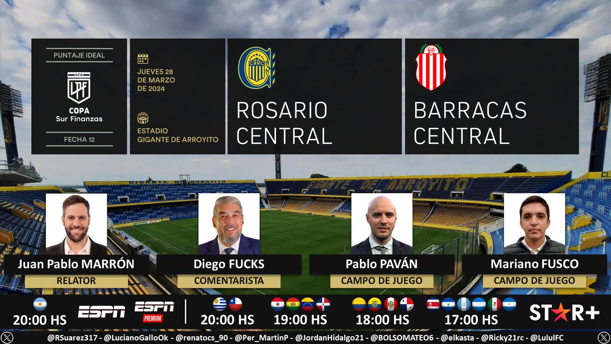 ⚽ #CopaDeLaLiga 🇦🇷 | #RosarioCentral vs. #BarracasCentral 🎙 Relator: @JuanPabloMarron 🎙 Comentarista: @ChavoFuchs 🎙 Campo de juego: @pablitopavan y @MarianoFusco2 📺 ESPN - ESPN Premium 🇦🇷 💻📱 @StarPlusLA (❌🇦🇷) 🤳 #ESPNPremium - #ESPNenStarPlus - #PackFútbol Dale RT 🔃