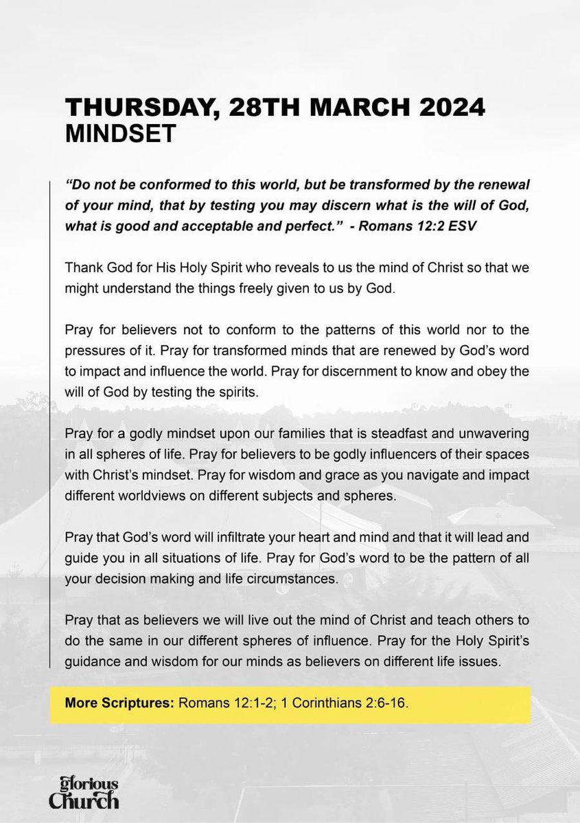 NairobiChapel's tweet photo. Prayer & Fasting Week
Day 4
MINDSET
Bible Ref: Rom 12:2 ESV
Thank God for giving you a transformed mindset renewed daily by His word.
Pray for a godly mindset upon your families that is steadfast & unwavering in all spheres of life.
#iPRAY #ItsTime #Touch #CompassMeetsClock https://t.co/qBUbqOwBER