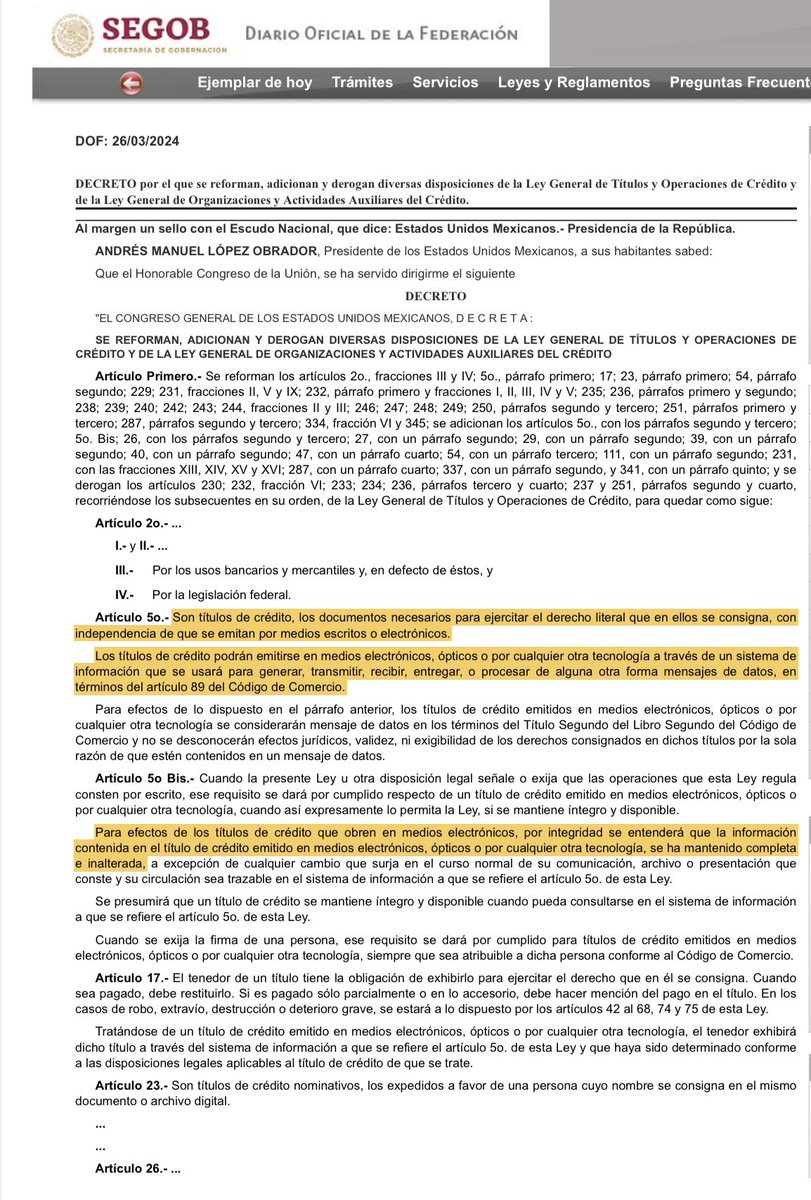 MoraErica's tweet photo. ‼️Atención especialistas en Derecho Mercantil. Comienza un nuevo ciclo: títulos de crédito electrónicos y la operación de un sistema encriptado. La Reforma establece 18 meses para decirle adiós a los pagarés. 
📍Hoy entraron en vigor las reformas que permiten que los títulos de crédito sean emitidos por medios electrónicos, ópticos o cualquier otra tecnología. 
📍Se prevé la implementación de un sistema encriptado para que los usuarios realicen transacciones entre sí y ejecuten directamente acciones respecto a los certificados de depósito.
📍Los  certificados de depósito deberán inscribirse en el Registro Único de Certificados, Almacenes y Mercancías (RUCAM). 
📍Los almacenes generales de depósito deberán ajustar su operación para la emisión de certificados de depósito electrónicos, a más tardar a los 18 meses siguientes a la fecha de entrada en vigor del Decreto.
Liga de las reformas a la Ley General de Títulos y Operaciones de Crédito y de la Ley General de Organizaciones y Actividades Auxiliares del Crédito publicadas en el DOF: https://t.co/a9WzcVicaK