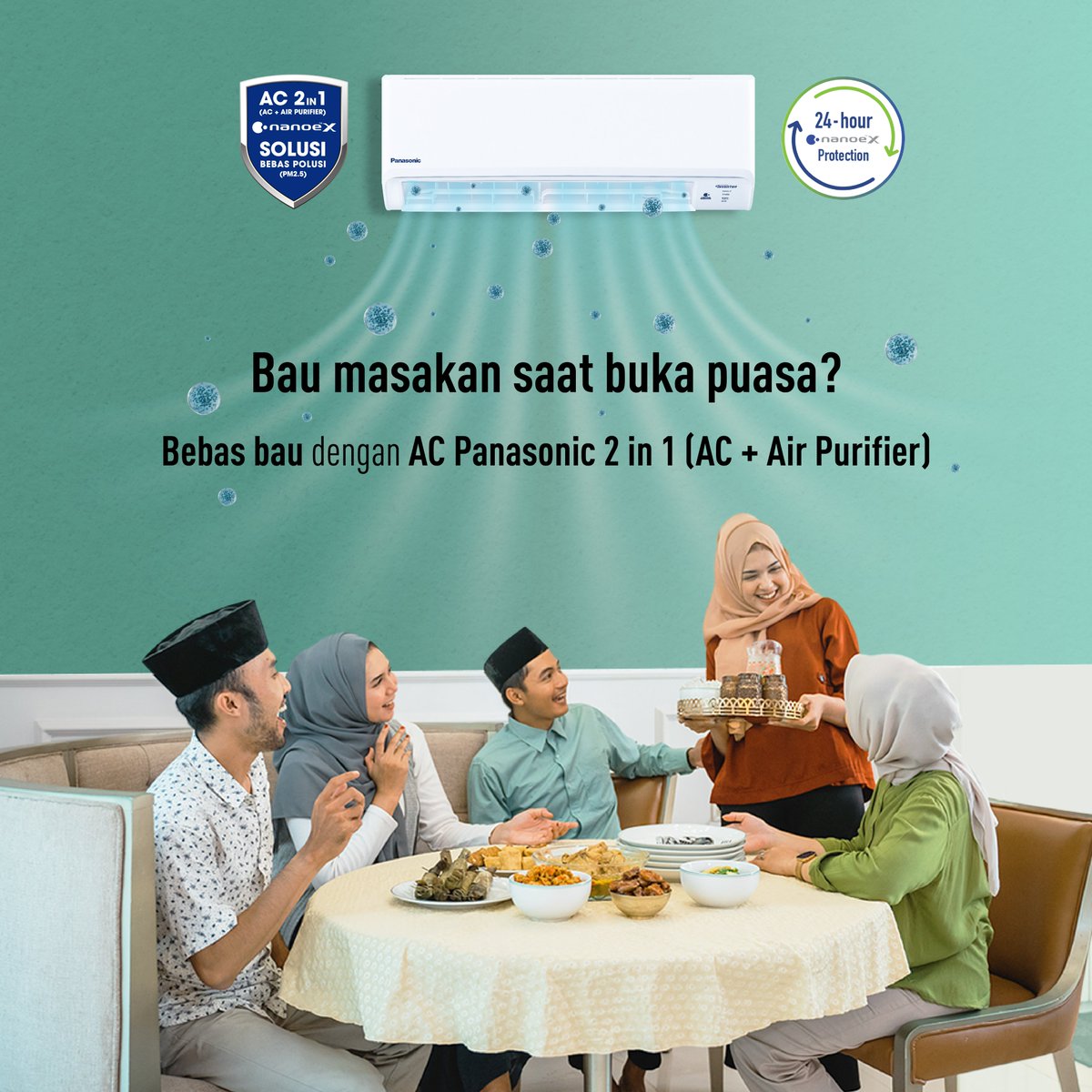 IDPanasonic's tweet photo. Suasana buka puasa jadi #NyamannyaEkstra karena AC Panasonic 2 in 1 (AC + Air Purifier) dengan fitur nanoe™X yang efektif mengurangi bau masakan, bahkan sampai yang menempel ke dalam serat kain.

#ACPanasonic
#WorryFree
#QualityAirForLife
#LiveYourBest https://t.co/eMASwrMeu6