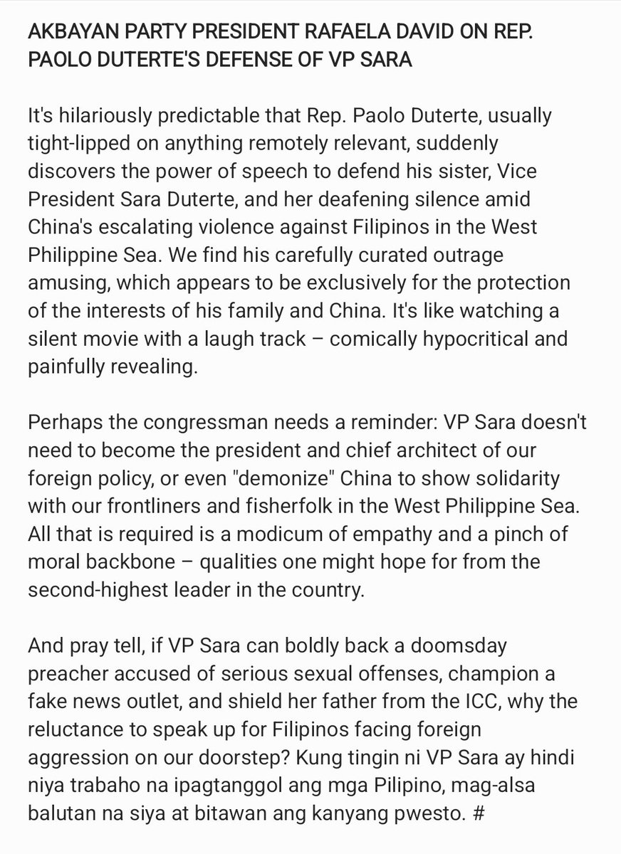 Akbayan Party on Rep. Paolo Duterte's defense of VP Sara