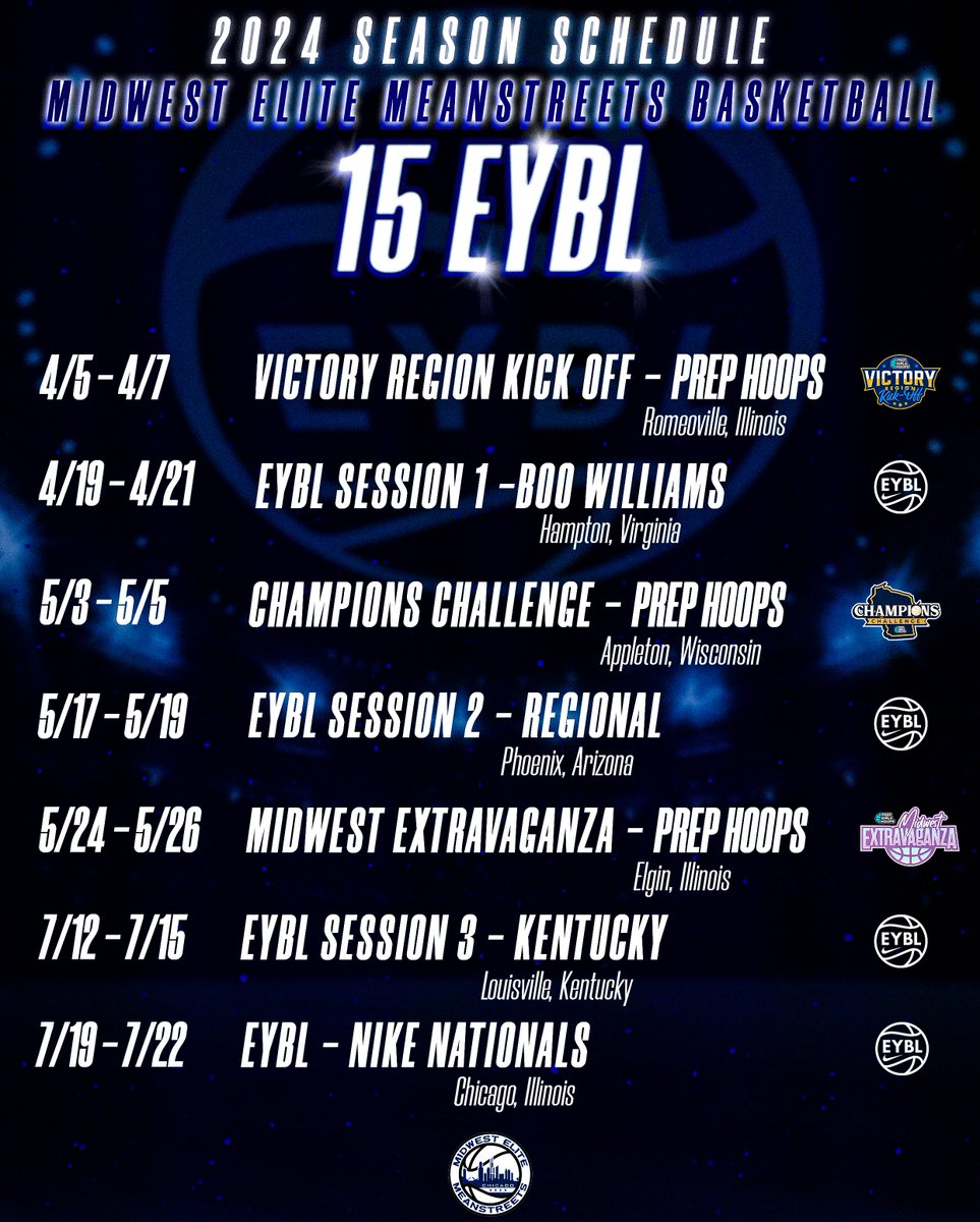 🚨15 EYBL Schedule Release🚨 Lace up, it’s showtime! 🎬 15 EYBL is charting a course through the hoops horizon. 🏀🌠 This team got moves that’ll make highlight reels jealous. Witness the power, poise, and prowess as they take the stage. @Ellison_Noble #MidwestStreetsEYBL