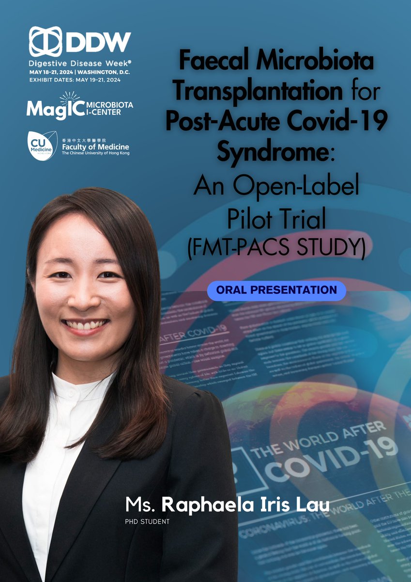 🌍 COVID-19 has made a profound impact worldwide, but did you know it's closely linked to our gut microbiota? 🦠Excitingly, a groundbreaking study has revealed a new approach to alleviate post-COVID symptoms. Join Ms. @Iris_R_Lau Iris Lau's captivating presentation at DDW2024🎙️