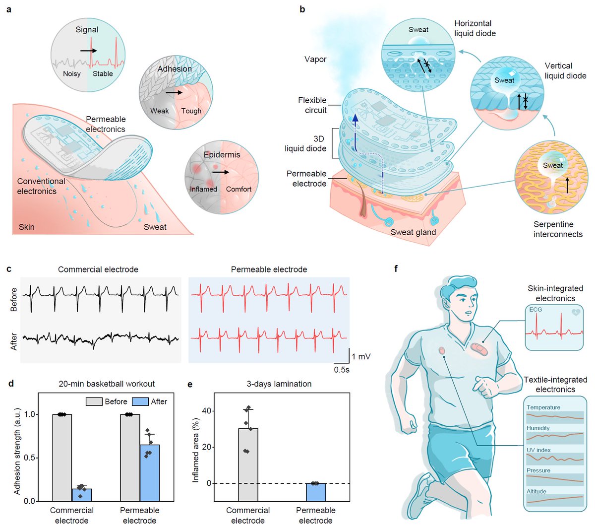Our new work on permeable electronics by 3D liquid diode for sweat transportation, yet integrating with the state-of-art wearable electronics to realize super permeability and high quality sensing signal, published in Nature @nature.
Link: nature.com/articles/s4158…