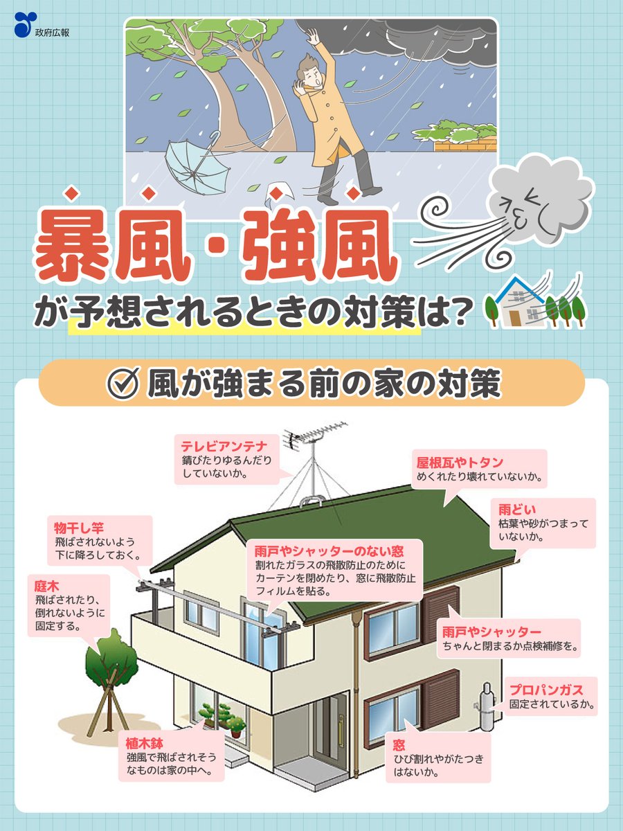 ／ 🚨「春の嵐」「メイストーム」に注意！ ＼ 暴風に関する気象情報が発表されたら、風が強くなる前に建物やその周りを見直して対策を行なってください💡 また、学校や会社などにいるときはその場の指示に従って早めに帰宅するなど、強風のピークを避けて行動しましょう。 gov-online.go.jp/useful/article…