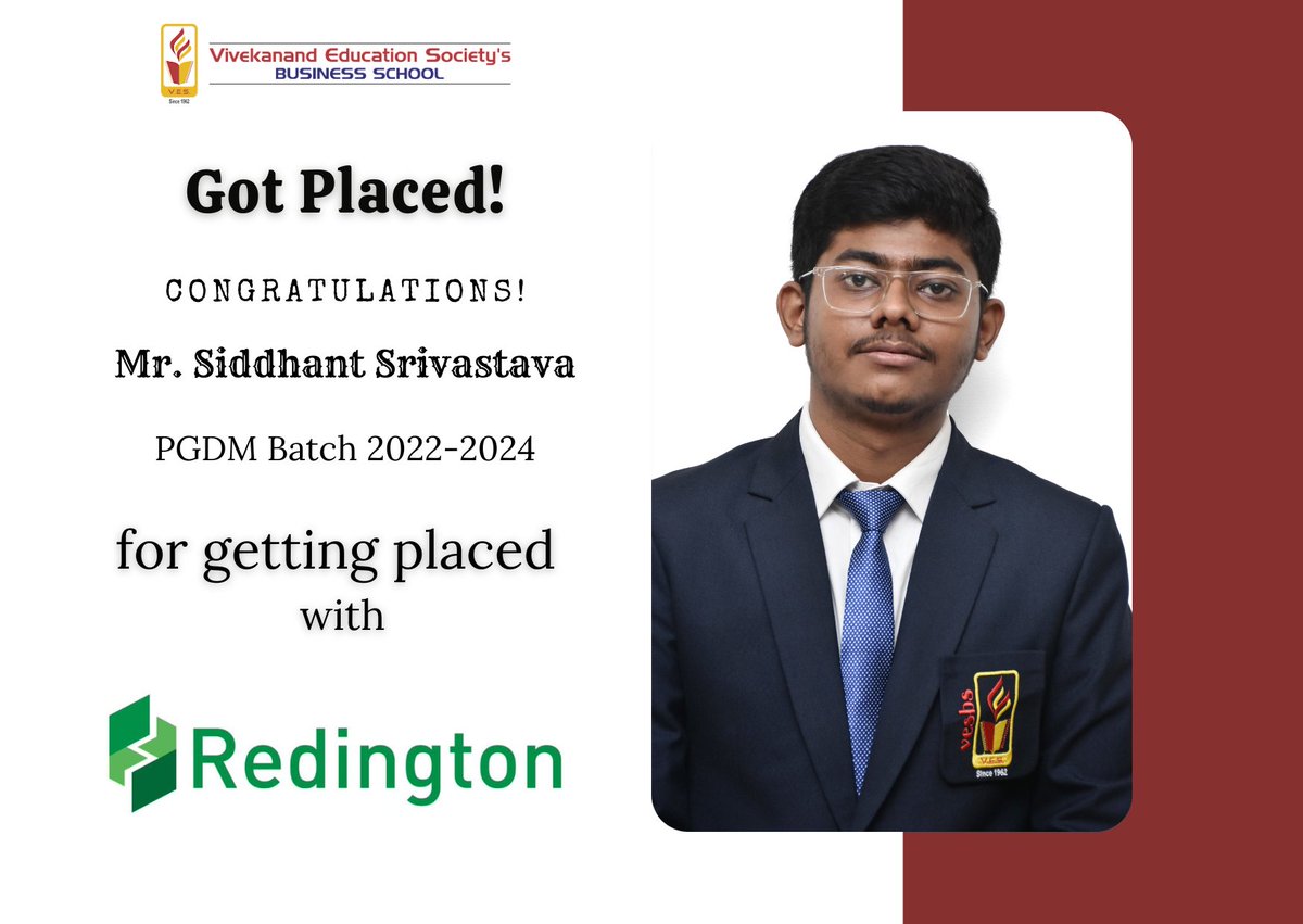 Congratulations Mr. Siddhant Srivastava of Batch 2022-24 who got placed at Redington. Many Congrats on this next step in your career & all of the growth, connections and opportunities that come with it. #Placementdrive #placements #management #campusplacement #bschool #VBS #pgdm