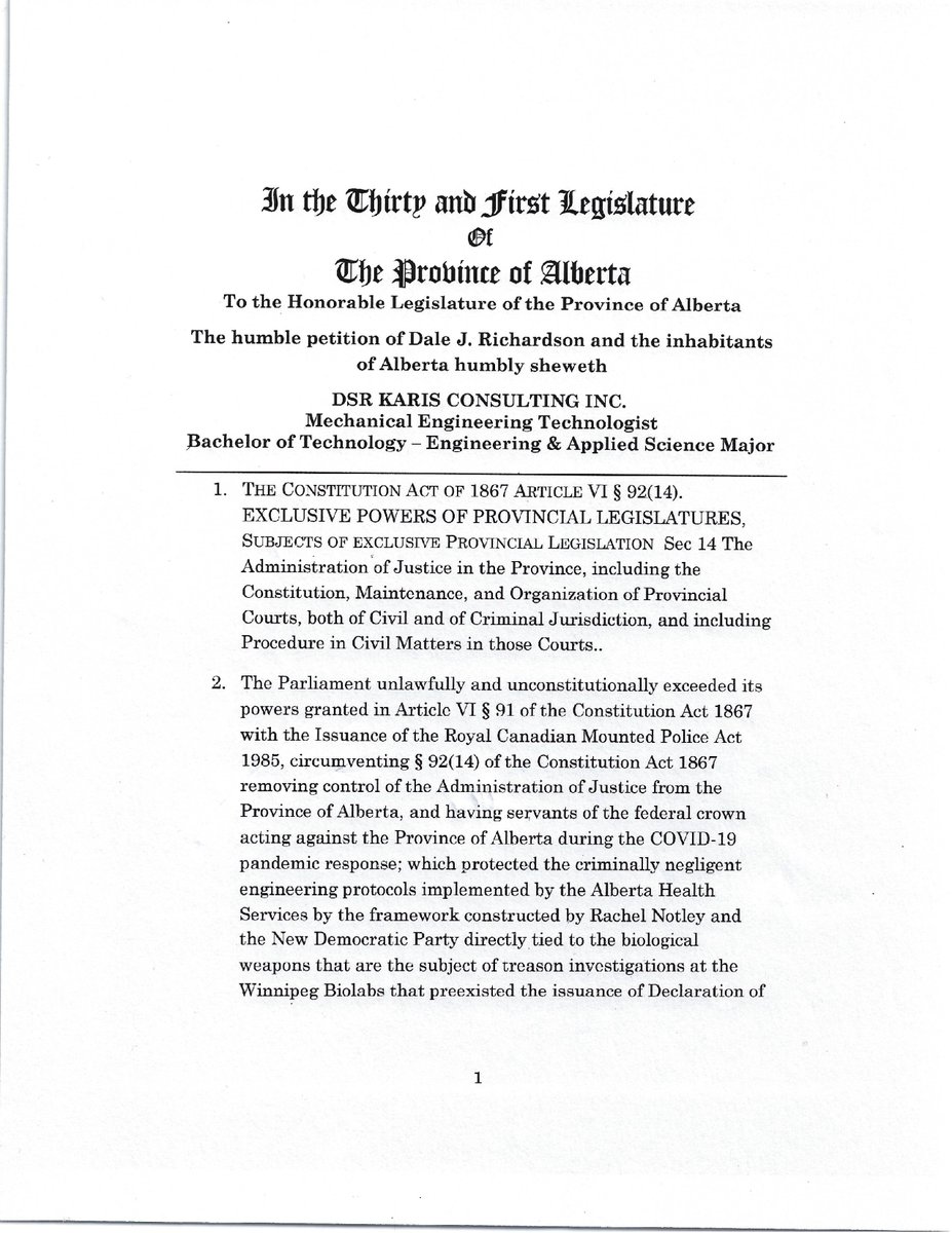 DjsRichardson's tweet image. 1/9 Petition for redress of grievances submitted to the Law Clerk of the Alberta Legislative Assembly. Based on Westminster Parliamentary common law dating back to 1640. 

Time for the people to start taking action. Hold the government accountable.