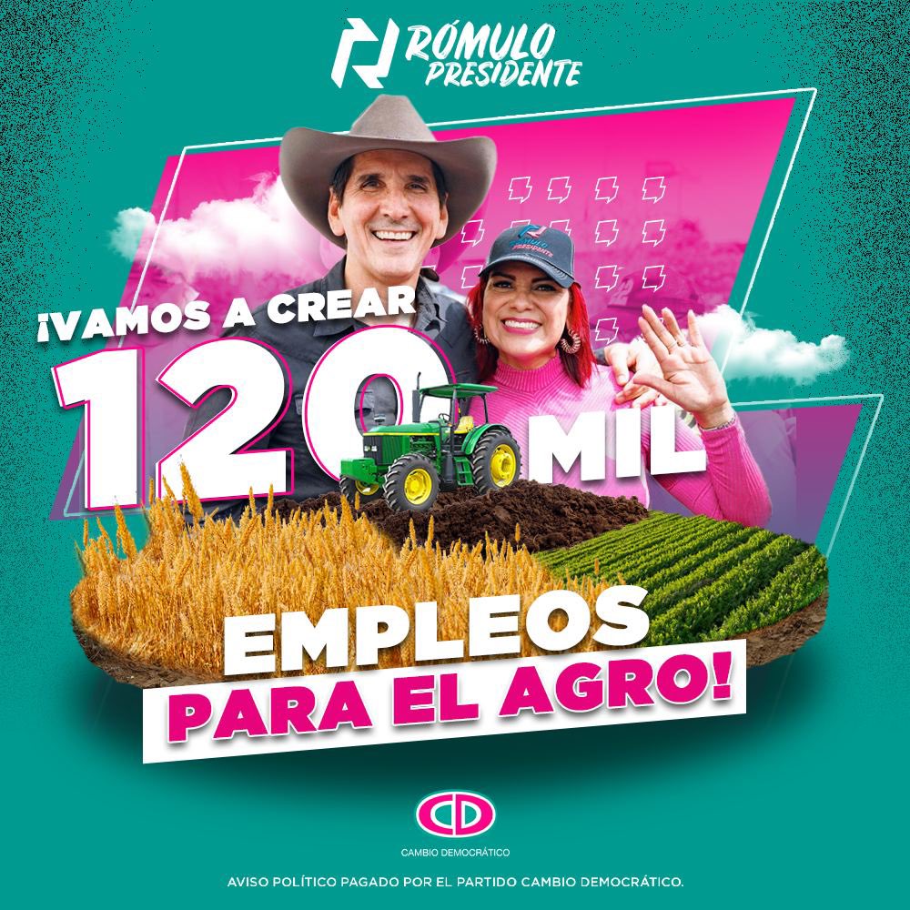 Vamos a generar 120 mil nuevos empleos en agroindustria, en un periodo de 5 años. #RómuloPresidente #SomosElCambio
#LaMarcaEsCD ⚡