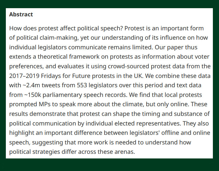 #OpenAccess from our new issue - Does Protest Influence Political Speech? Evidence from UK Climate Protest, 2017–2019 - cup.org/4cp3eGV - @cbarrie, @tomgfleming & @_samsrowan