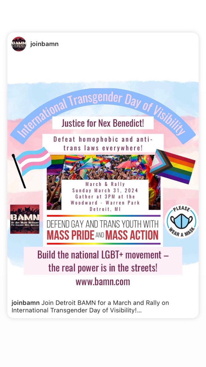 Join Detroit BAMN for a March and Rally on International Transgender Day of Visibility! 

Sunday March 31st at 3PM,
Gather at Woodward - Warren Park, Detroit 

*Wear a mask in public at all times to protect yourself and others from COVID-19. The COVID-19 pandemic is not over.*