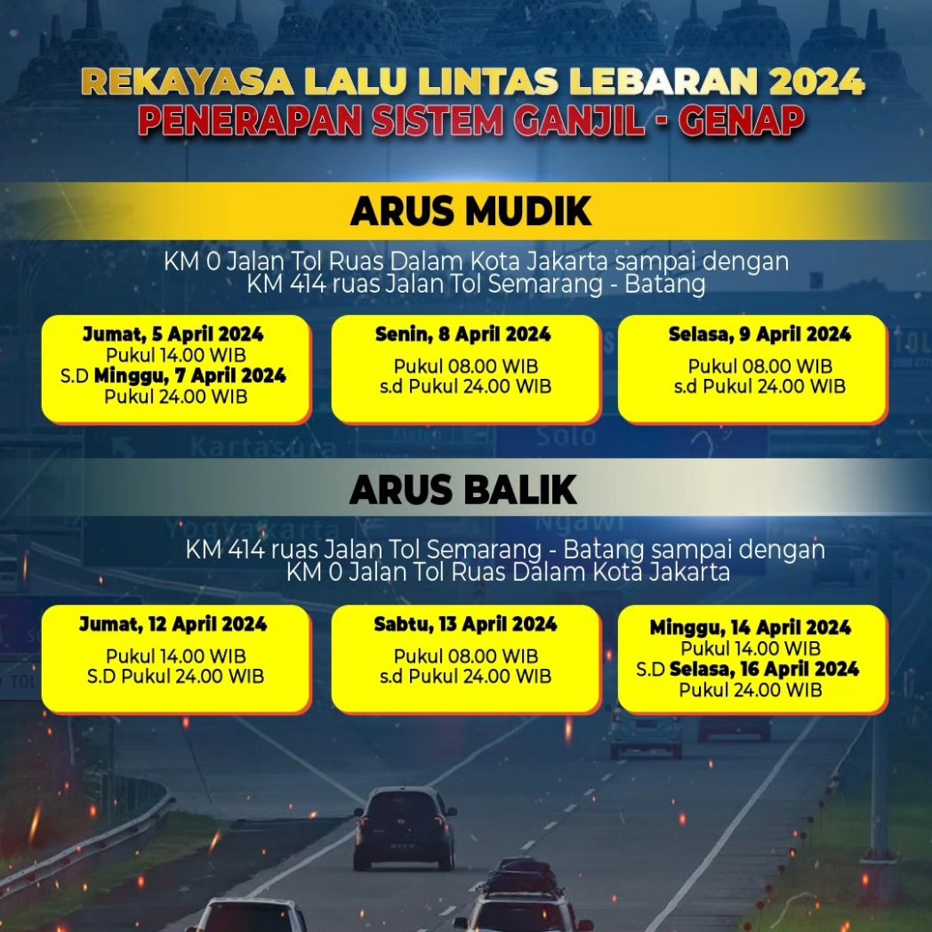 HumasDoro's tweet photo. Polri memberlakukan beberapa rekayasa lalu lintas untuk menjamin kelancaran arus mudik Lebaran 2024. Yuk simak informasi berikut ini https://t.co/vr0XdOscYb