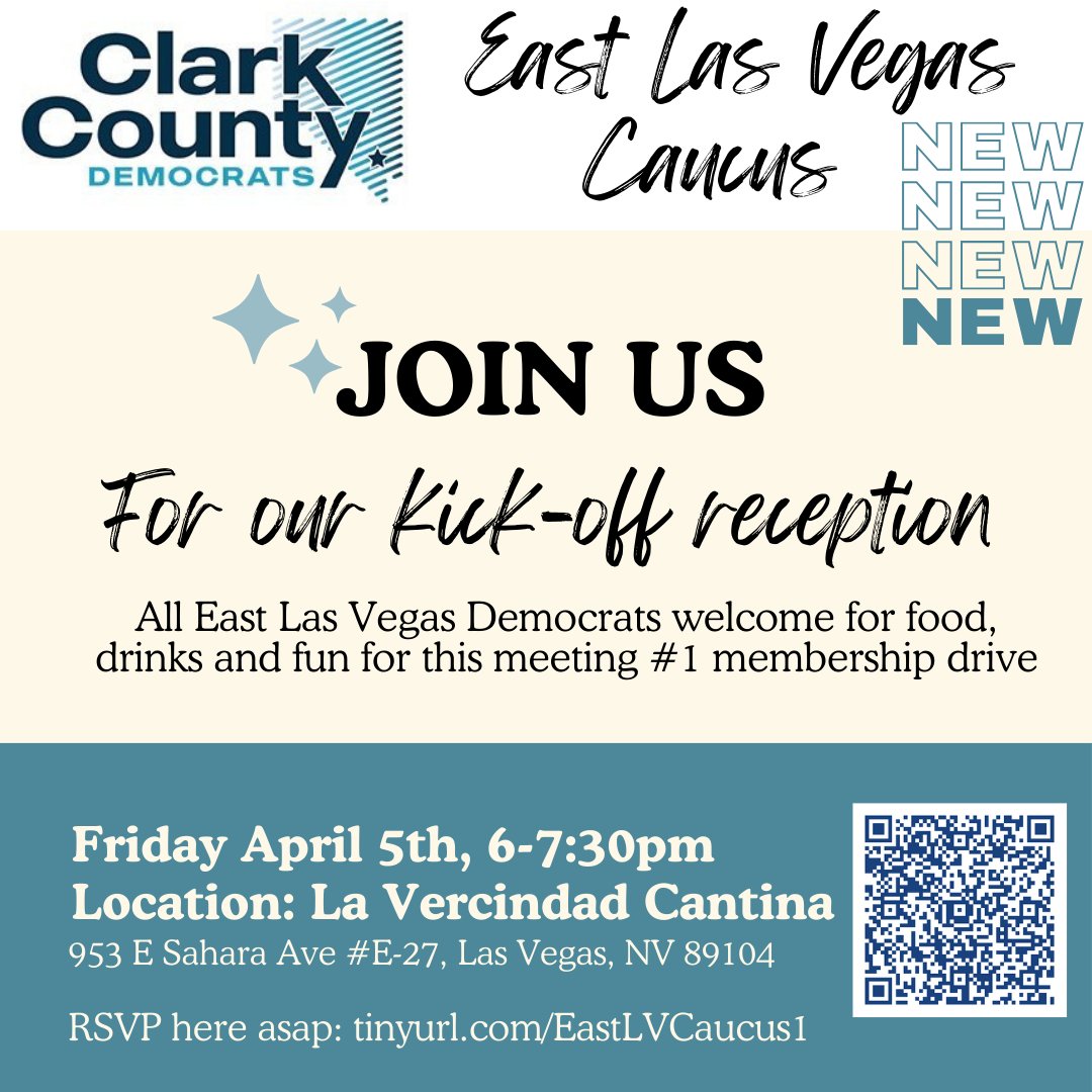 Sooooo excited to say the #EastLVCaucus is chartered w/@ClarkDems-- thx @Donna_West! Come to our first membership drive reception for food, drinks & fun with many of our #EastLVPride electeds in attendance. Hope to see all East LV Dems there: tinyurl.com/EastLVCaucus1. #Community