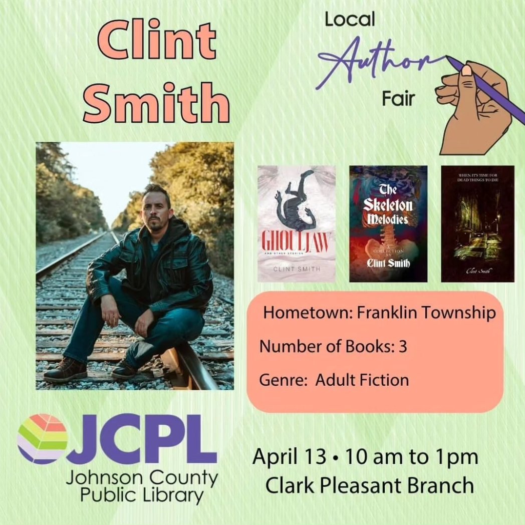 clintsmithtales's tweet photo. HORROR'S CALL NUMBER: The Johnson County Public Library’s Local Author Fair
#JCPL #JohnsonCounty #indianauthors #indianahorror
https://t.co/jqAi1js48K https://t.co/m02B0G9Veb
