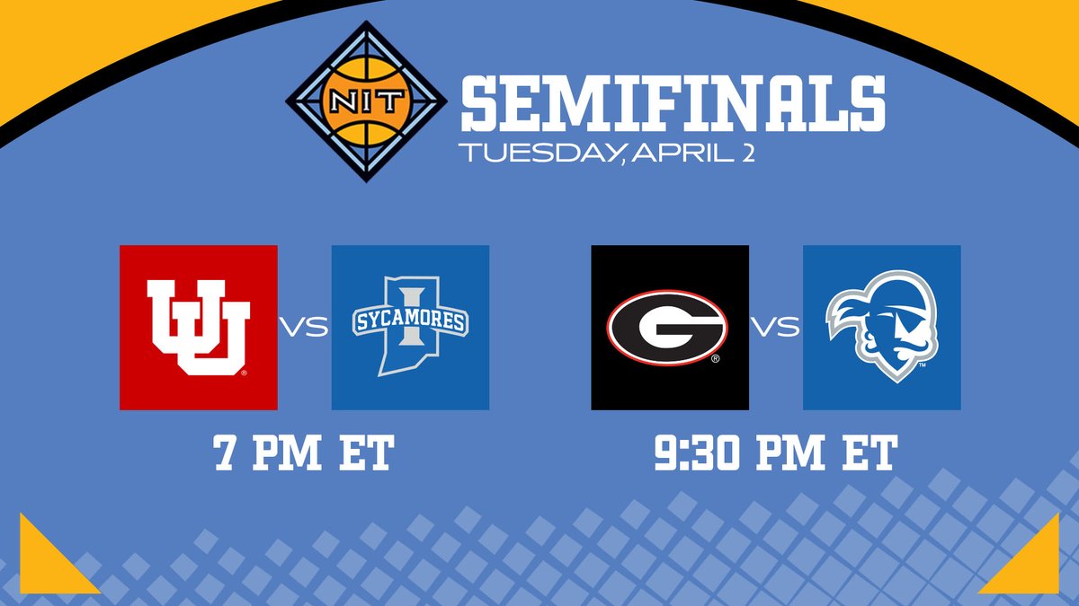 The semifinals are set for April 2 in Hinkle Fieldhouse!

<a href="/UtahMBB/">Utah Basketball</a> vs. <a href="/IndStBasketball/">Indiana State Basketball</a> 
7 PM ET

<a href="/UGABasketball/">Georgia Basketball</a> vs. <a href="/SetonHallMBB/">Seton Hall Men's Basketball</a> 
9:30 PM ET