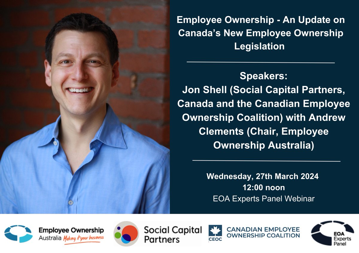 EOA's Experts Panel webinar yesterday was a success. @jonrshell (from Social Capital Partners) discussed Canada's new Employee Ownership Legislation. Stay informed! #EmployeeOwnership #CanadaLegislation 🇨🇦 Watch now ⬇️ youtu.be/56SbbLOi2Ew?si…