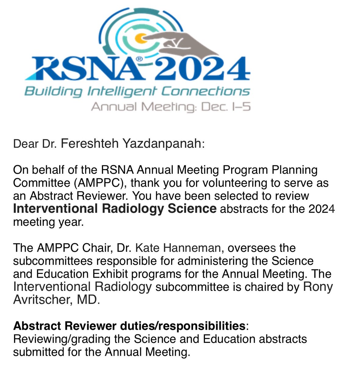 Honored to serve as an abstract reviewer for @RSNA for the second consecutive year! Grateful for the chance to contribute. #RSNA2024