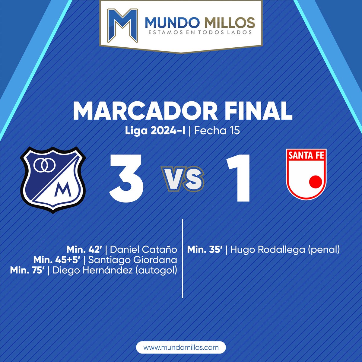 Gran triunfo de <a href="/MillosFCoficial/">Millonarios FC</a> frente a su histórico rival <a href="/SantaFe/">Independiente Santa Fe</a> - recuperamos el ritmo del buen fútbol y vamos a clasificar y también por la <a href="/Libertadores/">CONMEBOL Libertadores</a> - <a href="/simonganitsky/">Simón Ganitsky</a> <a href="/Andresdldg/">Andrés Dávila</a> <a href="/msilvaazul/">Mauricio Silva G.</a> <a href="/gabodelascasas/">Gabriel Delascasas E</a> <a href="/SantiagoPardoR/">Santiago Pardo Rodríguez</a> <a href="/Farbelaez62/">Felipe Arbelaez E.</a> @BarreraSilvaC <a href="/VLADDO/">Vladdo</a>