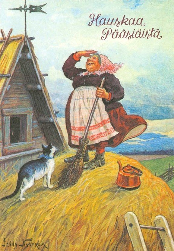 On the Thursday before Easter, Swedish Easter Witches would take their cat, a copper kettle full of hot coffee, and their broom to fly to Blåkulla Island for a night of fun, revelry, and magic. Whose coming? 🧙‍♀️ 🧹 🎨 Jenny Nyrström