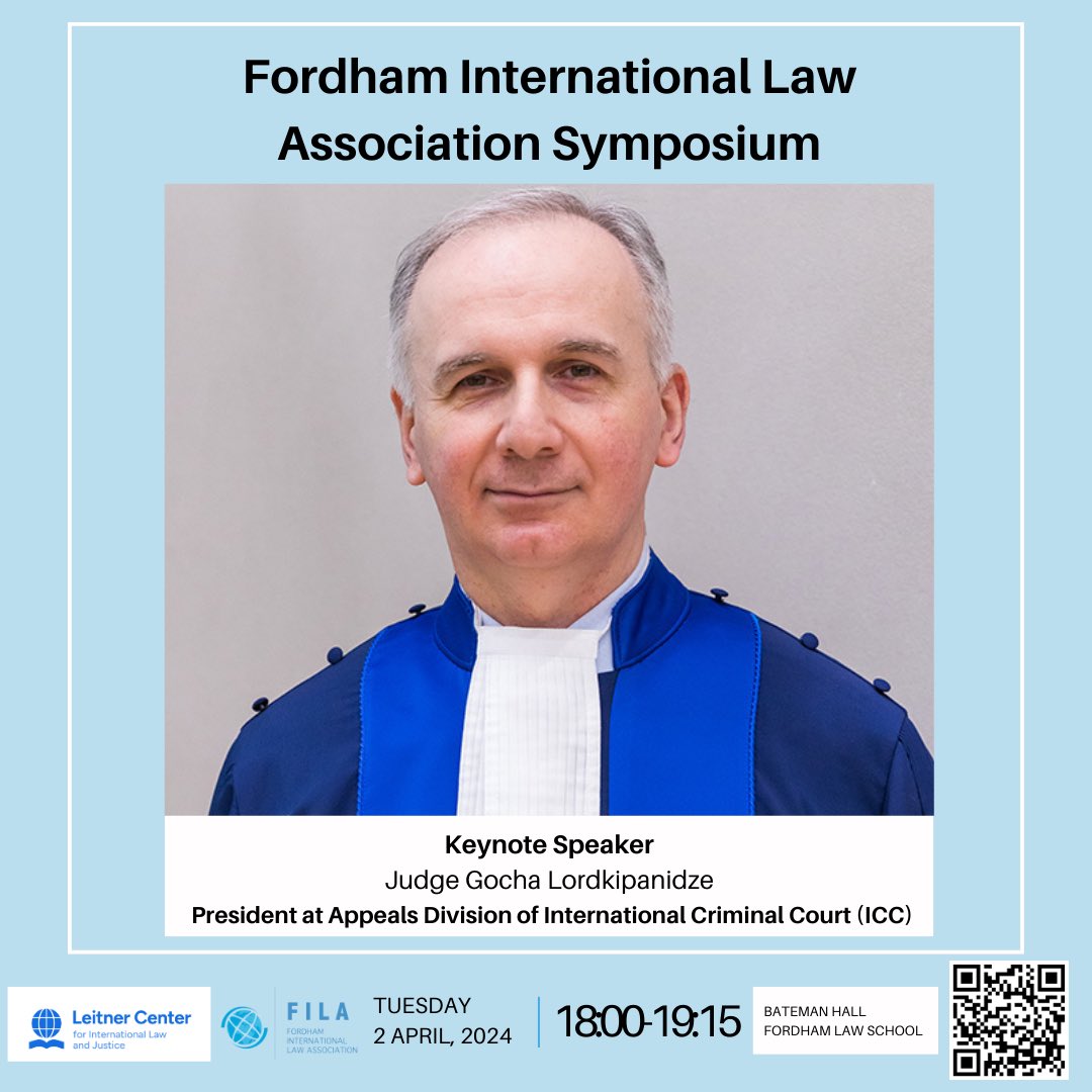 fordhamintlaw's tweet photo. Save the date! Excited for our Symposium: Shaping the Future of International Law.

🗓️ April 2, 3pm - 8pm
📍 Fordham Law School

➡️ 3-5:20 PM: Plenary Session
➡️ 6-7:15 PM: Closing keynote by Judge Gocha Lordkipanidze

RVSP in QR Code https://t.co/it8bOWuGJ1