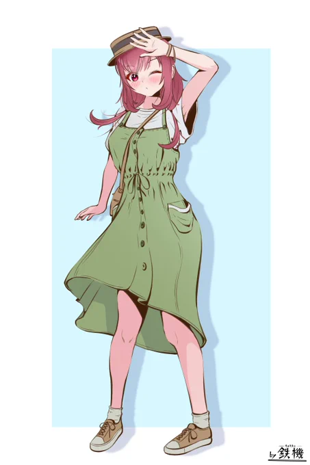 今回はファッション立ち絵シリーズの第3弾!春のピクニックデート風の若菜ちゃんを描いた!#うちの子 #年上幼馴染の若菜ちゃん 