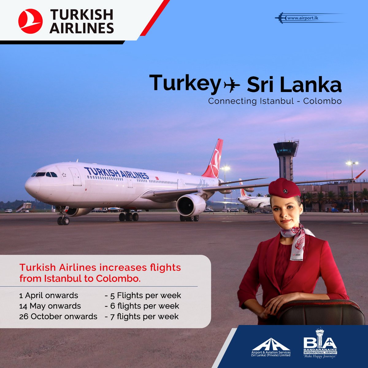 We’ve got more good news coming your way! 🤞🏻 We are excited to announce that @TurkishAirlines will increase flights from Istanbul to Colombo with effect from 14th May 2024. #BIAsrilanka #SriLankaAirports