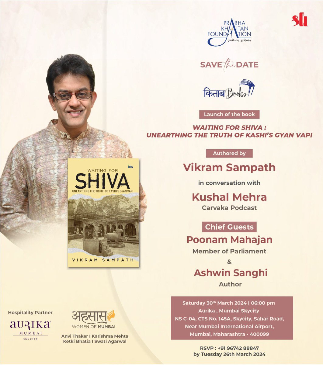 Looking forward to the Mumbai launch of #WaitingForShiva by my dear friend @vikramsampath on March 30th, 6pm, at Aurika, Mumbai Skycity. Delighted to be in conversation with Vikram, @kushal_mehra, and @poonam_mahajan ji as part of the intro to this amazing work on Kashi’s Gyan…