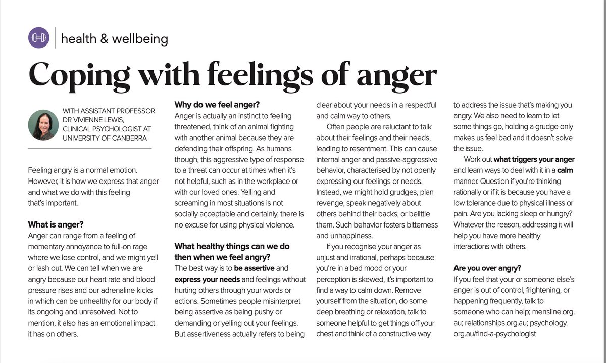University of Canberra Discipline of Psychology (@ucpsychology) on Twitter photo This week’s column by <a href="/DrVivienneLewis/">Dr Vivienne Lewis</a> can help us all cope with feelings of anger - very useful advice! #psychology <a href="/UCFacultyHealth/">UC Faculty of Health</a> <a href="/UniCanberra/">University of Canberra</a> This week’s column by <a href="/DrVivienneLewis/">Dr Vivienne Lewis</a> can help us all cope with feelings of anger - very useful advice! #psychology <a href="/UCFacultyHealth/">UC Faculty of Health</a> <a href="/UniCanberra/">University of Canberra</a>