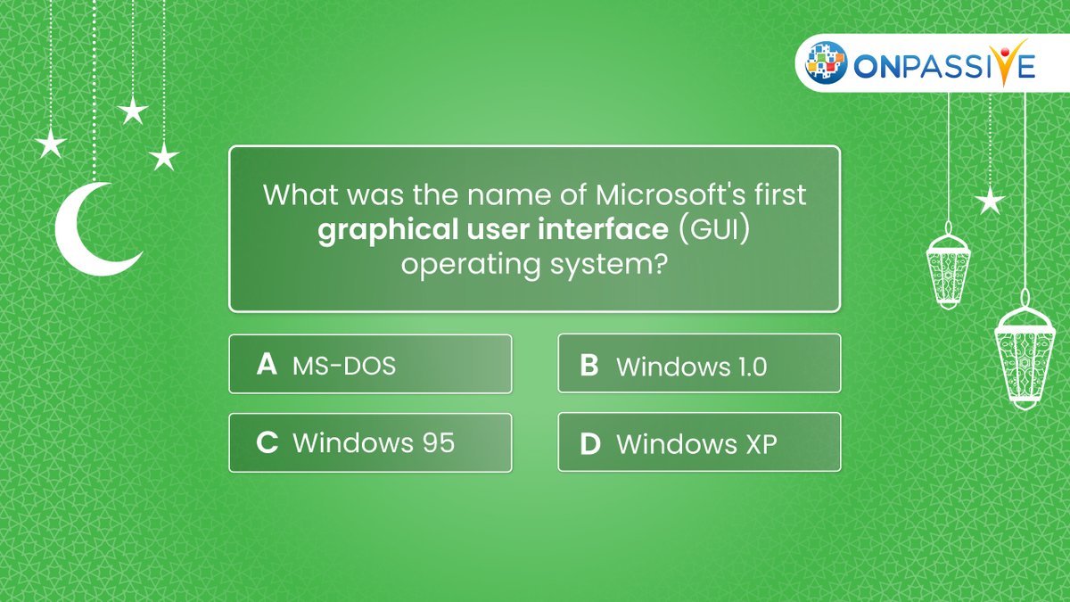 Discover Microsoft's pioneering step into the graphical user interface era. Can you recall the name of their first GUI operating system from the options provided? 

#ONPASSIVE #QuizContest #QuizChallenge #CommentNow #TheFutureOfInternet #microsoft #windows #os