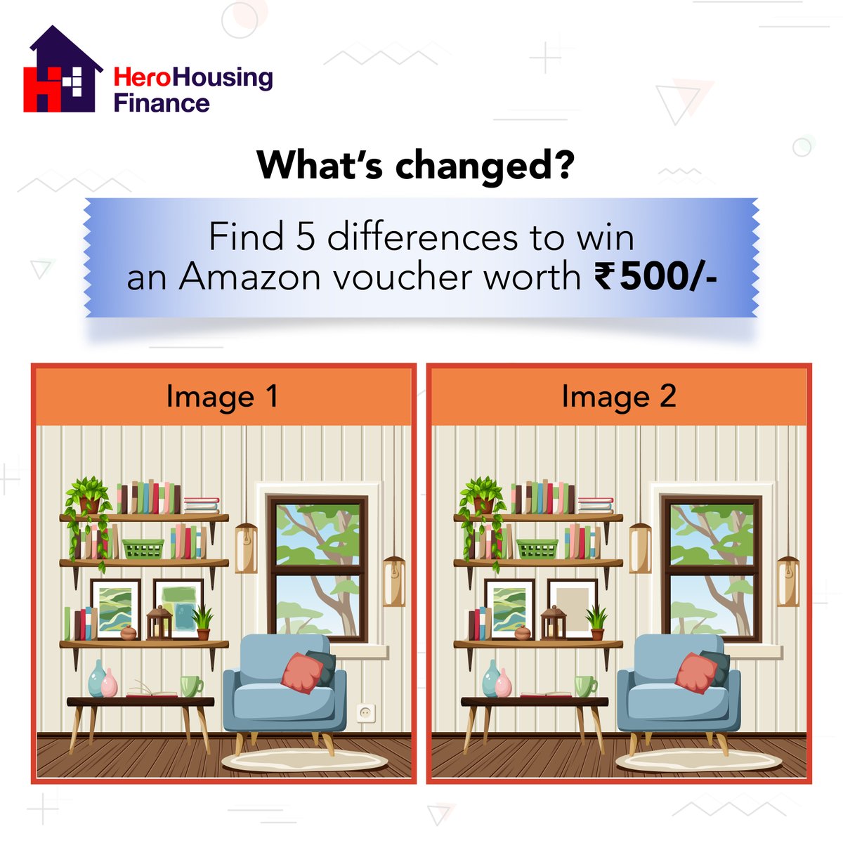 Did you find all five? Comment down your findings on the missing pieces from this living room and stand a chance to win an Amazon Gift voucher worth Rs. 500/-. #Contest #Contestalert #AmazonVoucher #HeroHousingFinance