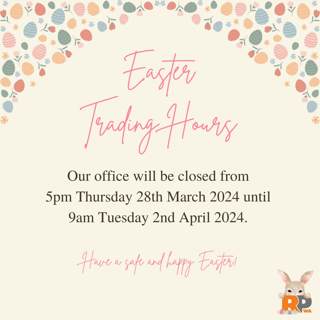 wa_property's tweet photo. Our office will be closed over the Easter
long weekend. We will be back in action on the 2nd of
April at 9am!

08 6243 3933
contactus@rprp.com.au

#RPWA #realpropertywa #easter 
#perthrentals #perthhousing #tenants #perthrenting
#perthinvestor #perthisok #perth #westisbest https://t.co/TXj45Skafx