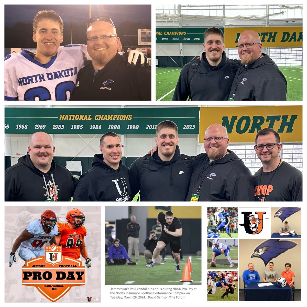 Couldn’t be more proud of @PaulVandal4, Blue Jay grad, @JimmieFootball grad, competing in Pro Day at NDSU. Opening eyes, head down, working hard. Come a long ways, keep GOING!! Thankful to be part of the journey!! ❤️❤️#🤙🏼JAYS #BETTER.EVERY.DAY WIT FOE LEO #ChopandCarry
