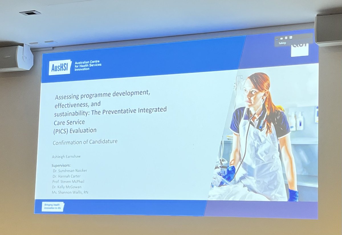 AusHSI's tweet photo. Today we are privileged to be attending the confirmation seminar of one of our PhD students Ashleigh Earnshaw, who is evaluating the West Moreton HHS Preventive Integrated Care Service (PICS), a pragmatic hybrid type 3 effectiveness and implementation evaluation. https://t.co/Yp3acYQrIo