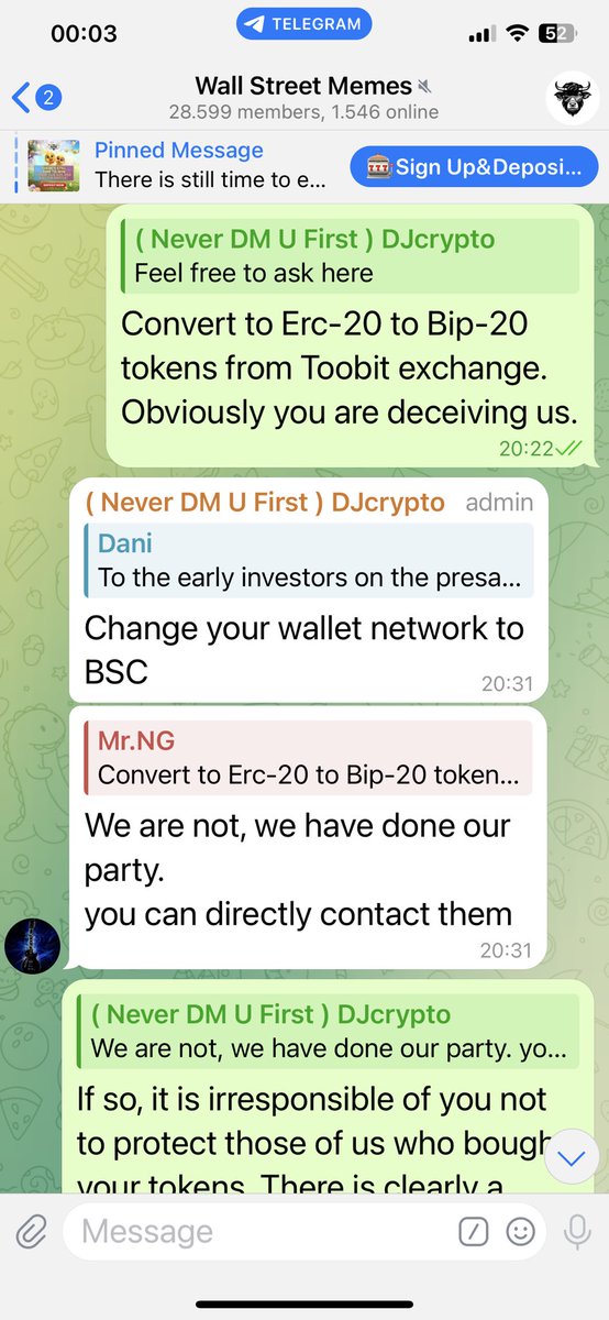 ngocgo29's tweet photo. Team WSM created a Price Dump hack and then called on the Tele community to immediately buy tokens on CEX to be converted to the new network token Bip-20. And now they refuse to switch to the Bip-20 network. These guys are blatant scams! #wallstmemes #Wsm #CộngđồngKOLsViệtNam https://t.co/SzayUd1iLS