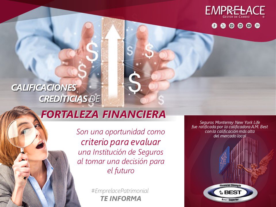 Las calificaciones crediticias d #FortalezaFinanciera son una opinión independiente s/la #solidezfinanciera d una compañía d seguros
💁🏻‍♀️Felicitamos a #SeguroMonterreyNewYorKLife x reafirmar su solidez financiera al recibir la ratificación d #AMBest con la calificación más alta 📈