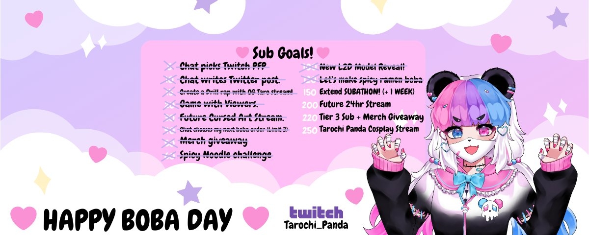 PandaTarochi's tweet photo. ♡ Boba Day Subathon SURPRISE LIVE!♡  

𓊆:̲̅:̲̅:̲̅[̲̅:♡:]̲̅:̲̅:̲̅𓊇  ♡Follow me on #Twitch ♡  
https://t.co/N79mBgOOj2 

♡ 27 subs away from next goal!!! ♡

#Tarochipanda #BobaDay #Subathon #ENVtuber #VtuberUprisings #Vtubersupport #menhera #kawaii https://t.co/OJFi4VPcTR